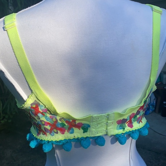 Festival Dress Up Rave Bra Top. Pointed Madonna Bra Style, Pom Poms & Paint - Picture 6 of 7